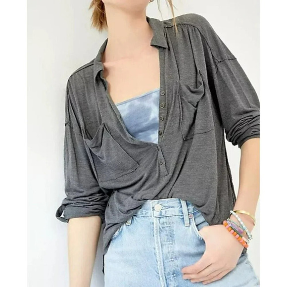 Pilcro Anthropologie Cooper Draped Henley Top Womens S Gray Charcoal Pullover - Picture 1 of 12